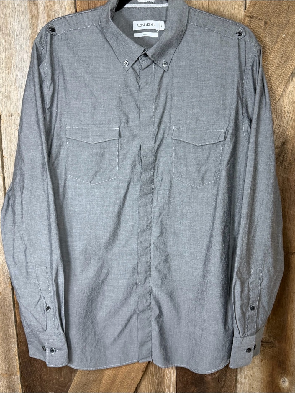 Calvin Klein Men Shirt Large Gray 100% Cotton Long Sleeve Button Down Slim Fit